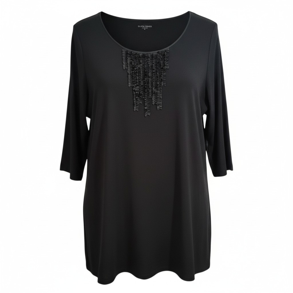 Eileen Fisher Tunic Dress Sz XL Black 3/4 Sleeve Stretch Knit Minimalist Classic